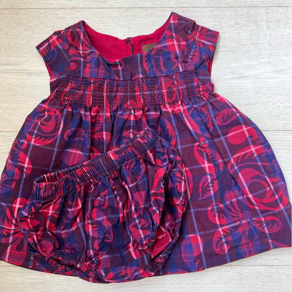 TEA COLLECTION Girl 9 to 12 mo 2 piece dress panty blue pink sleeveless cotton